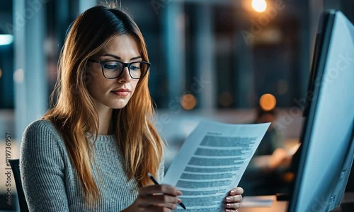 Young woman in glasses reviewing paperwork at her desk, illuminated by soft office lighting.