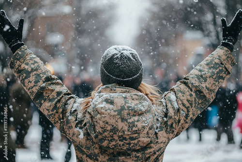 Generative AI image of military man or woman in Santa hat during holiday celebration family, perfect for festive homecoming themes photo