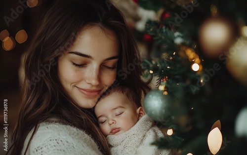 Heartwarming Moment of a Mother Cradling Her Sleeping Baby Amidst Holiday Cheer and Festive Decorations Christmas is coming!