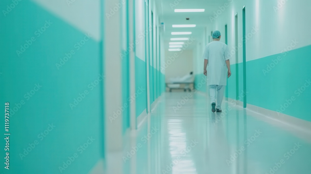 Obraz premium Doctor Walking in Modern Hospital Corridor with Green Walls and Bright Light