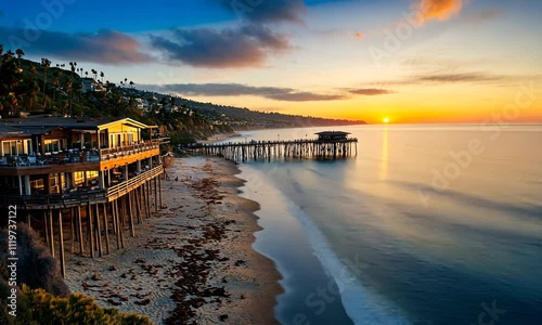 Wallpaper Mural A scenic sunset view of a pier along a beach with vibrant colors and calm waves. Torontodigital.ca