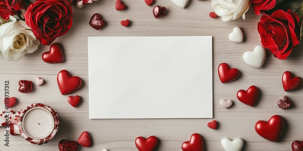 Artistic Flat Lay Display Featuring Red and White Hearts Surrounded by Beautiful Roses Perfect for Celebrations and Romantic Occasions Artistic Flat Lay Display Featuring Red and White Hearts Surrounded by Beautiful Roses Perfect for Celebrations and Romantic Occasions