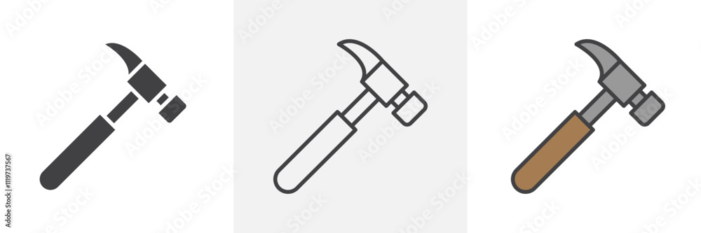 Hammer icon collection in black and colored style. Hammer icon collection in black and colored style.
