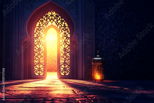 An Islamic background for Ramadan with an open door leading to the mosque, decorated in light and shadows, creating a warm atmosphere. The lantern hanging from above casts a glow on its surroundings, 