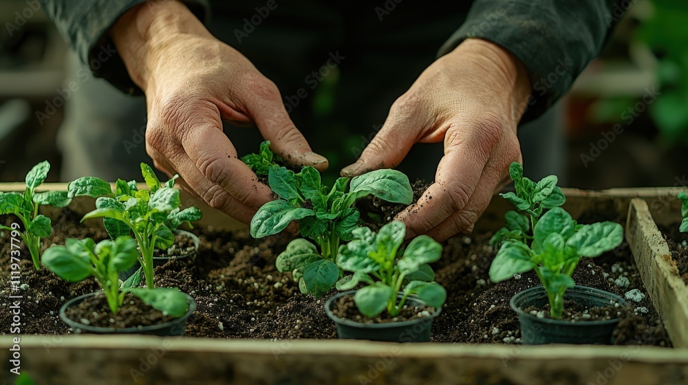 Hands tending to young spinach plants in a garden setting during daylight hours Hands tending to young spinach plants in a garden setting during daylight hours