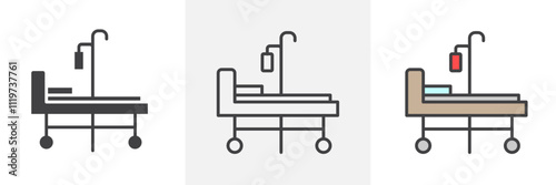 Hospital bed icon collection in black and colored style.