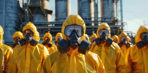 Safety, protection, workers, yellow suits, industrial site, gas masks, teamwork, environmental safety, chemical factory, hazardous materials, safety equipment, personnel in protective gear photo