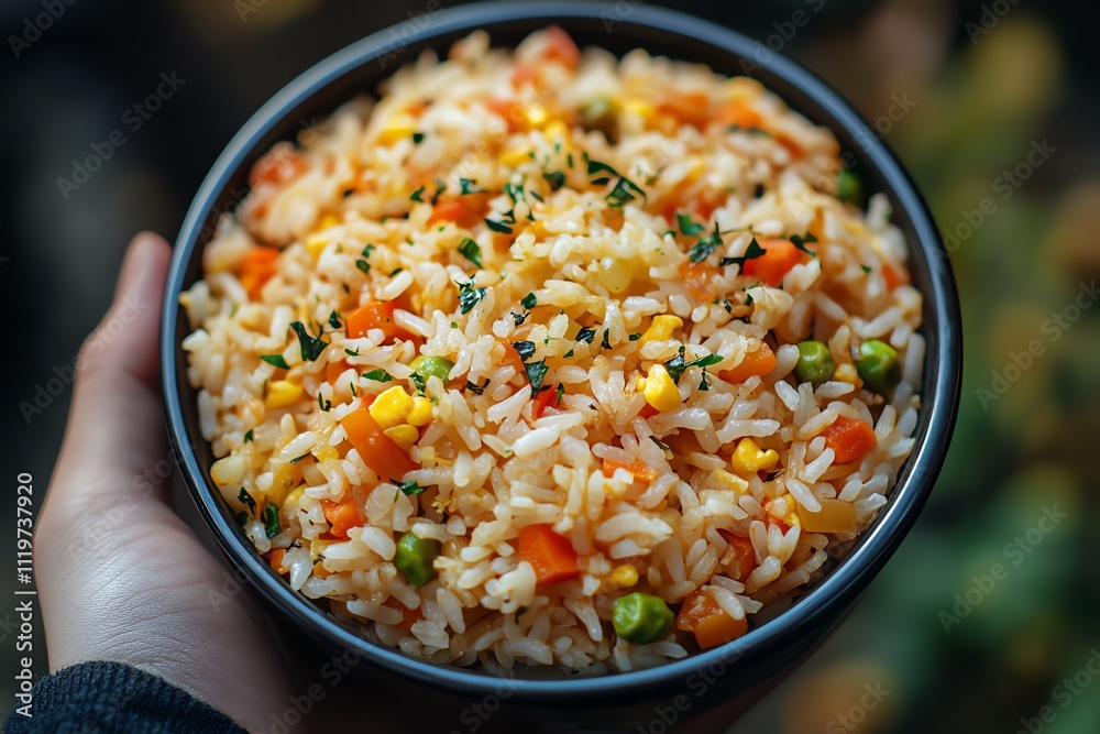 A Bowl of Vegetable Fried Rice Held in a Hand A Bowl of Vegetable Fried Rice Held in a Hand