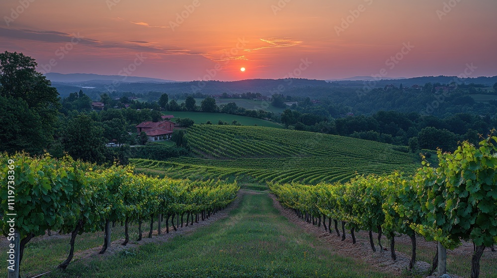 Fototapeta premium A scenic view of a vineyard with rolling hills in the background at sunset.
