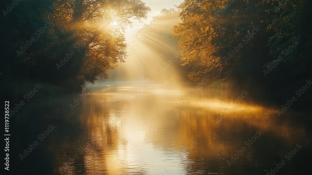 A misty river with golden light streaming through the trees at sunrise. A misty river with golden light streaming through the trees at sunrise.