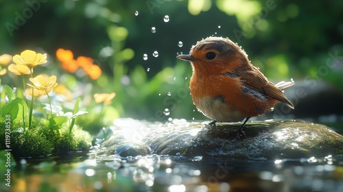 A Vibrant Small Bird Perched on a Rock Surrounded by Dewy Flowers and Glimmering Water Droplets in a Lush Green Garden Setting