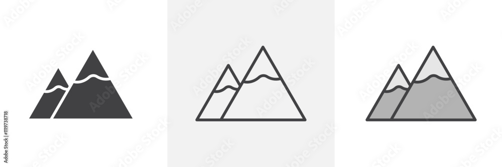 Mountain icon collection in black and colored style. Mountain icon collection in black and colored style.
