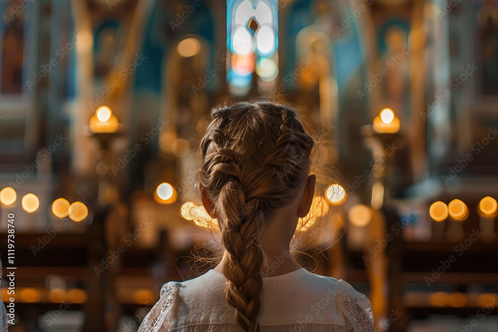 Generative AI Image of a Young Child in Church Attending a Religious Service Generative AI Image of a Young Child in Church Attending a Religious Service