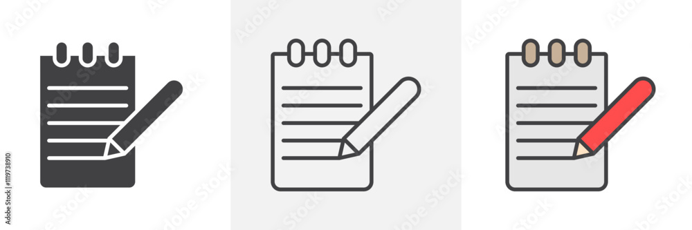 Notebook icon collection in black and colored style. Notebook icon collection in black and colored style.