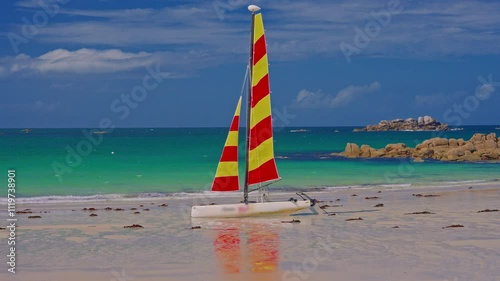 Amiets azure beach in summer with rocks in the region of Brittany, Cleder, France photo