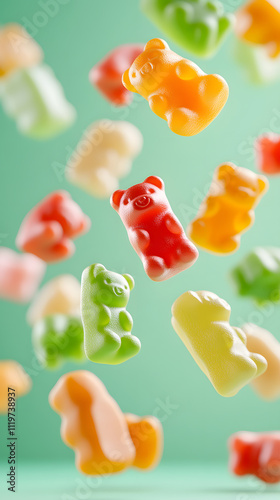 Delicious snack gummy bears falling vibrant green background food photography playful setup sweet treat concept