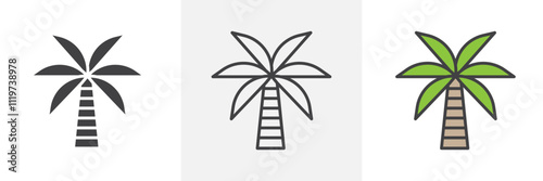 Palm tree icon collection in black and colored style.
