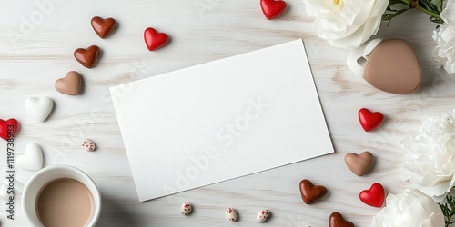 Beautifully Designed Flat Lay Composition with Hearts, Coffee, and Blank Card on Wooden Surface, Perfect for Artistic Projects and Celebrations photo