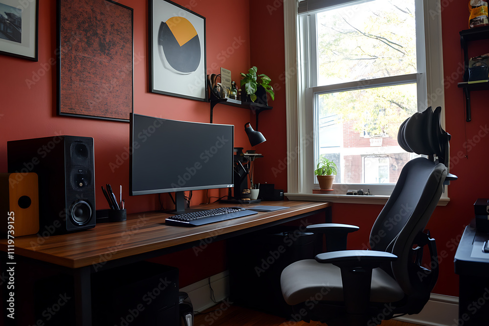 A home office setup with a sleek desk and ergonomic chair, A home office setup with a sleek desk and ergonomic chair,