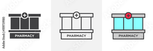 Pharmacy icon collection in black and colored style.