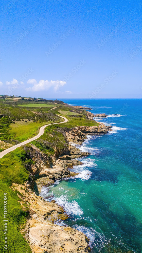 Winding road along a picturesque coastline under a clear blue sky Winding road along a picturesque coastline under a clear blue sky
