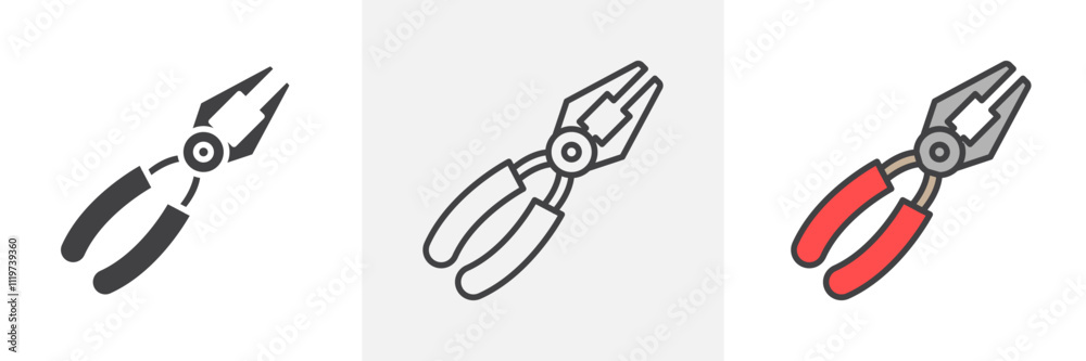 Pliers icon collection in black and colored style.
