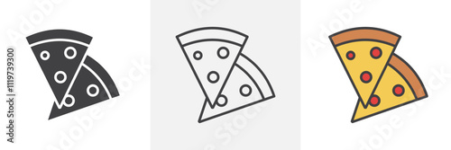 Pizza icon collection in black and colored style.