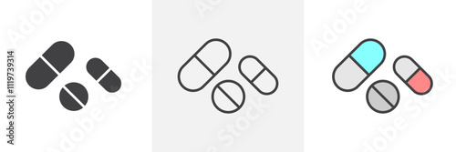 Pills icon collection in black and colored style.