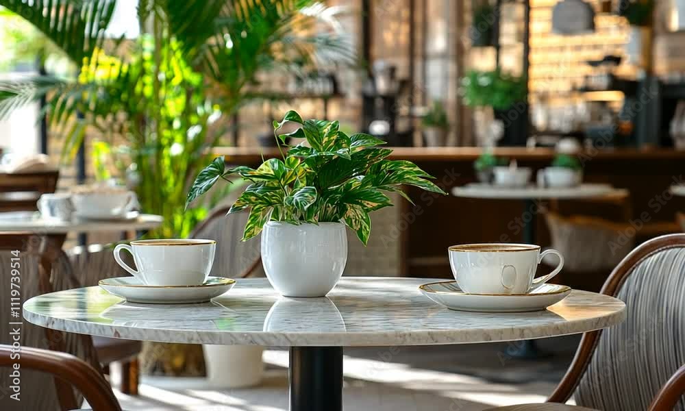 A serene caf? setting with two cups and a potted plant on a marble table.