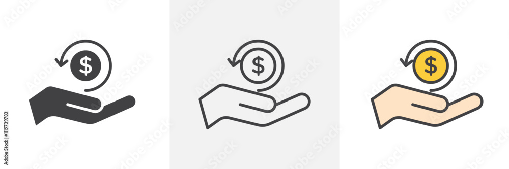 Refund icon collection in black and colored style. Refund icon collection in black and colored style.
