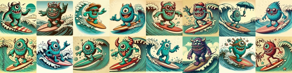 Cartoon style monster surfer. AI generated illustration