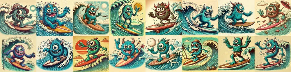 Cartoon style monster surfer. AI generated illustration