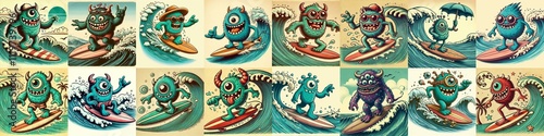 Obraz na płótnie Cartoon style monster surfer. AI generated illustration w salonie