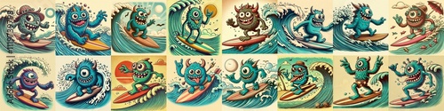 Cartoon style monster surfer. AI generated illustration