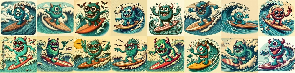 Cartoon style monster surfer. AI generated illustration