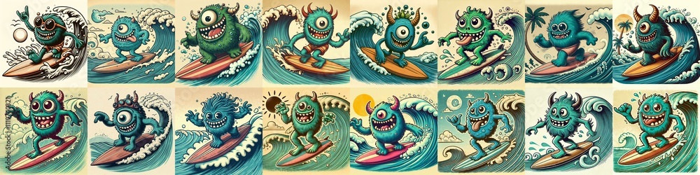 Cartoon style monster surfer. AI generated illustration