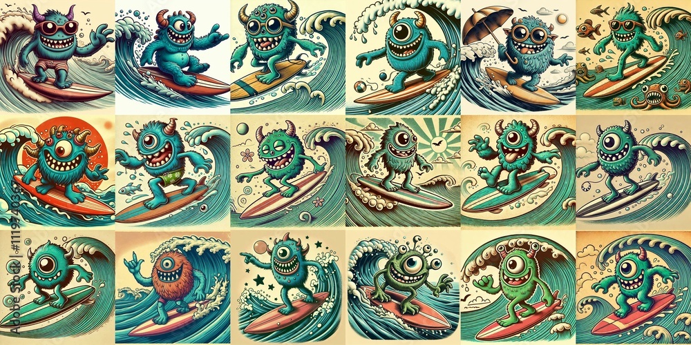 Cartoon style monster surfer. AI generated illustration