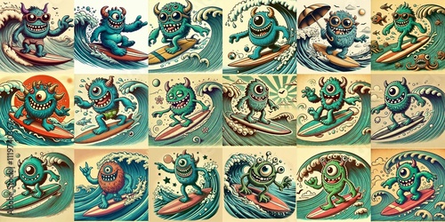 Obraz na płótnie Cartoon style monster surfer. AI generated illustration w salonie