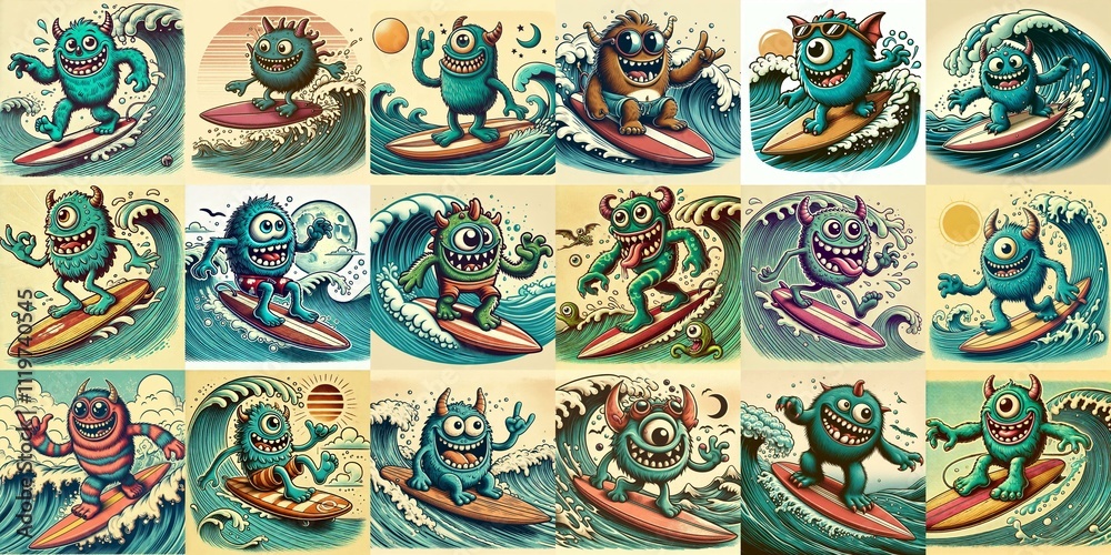 Cartoon style monster surfer. AI generated illustration