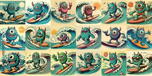 Obraz na płótnie Cartoon style monster surfer. AI generated illustration w salonie