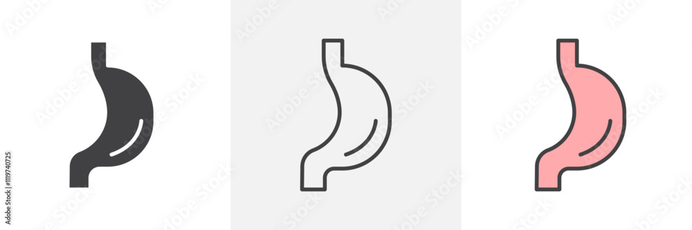 Stomach icon collection in black and colored style. Stomach icon collection in black and colored style.