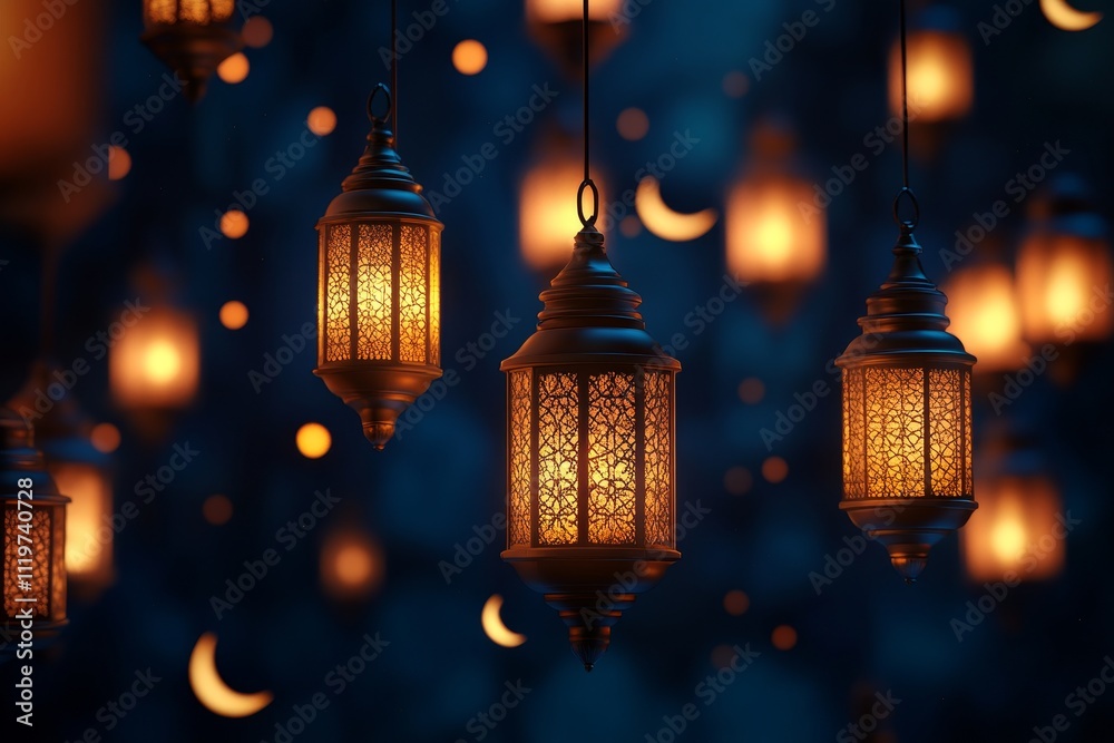 Fototapeta premium Beautifully Crafted Lanterns Glowing in the Night Sky, Creating a Magical Atmosphere Filled with Warmth, Light, and Enchantment for Celebrations and Events