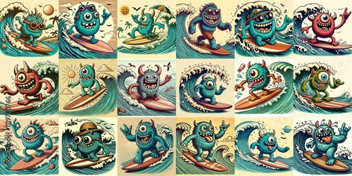 Cartoon style monster surfer. AI generated illustration