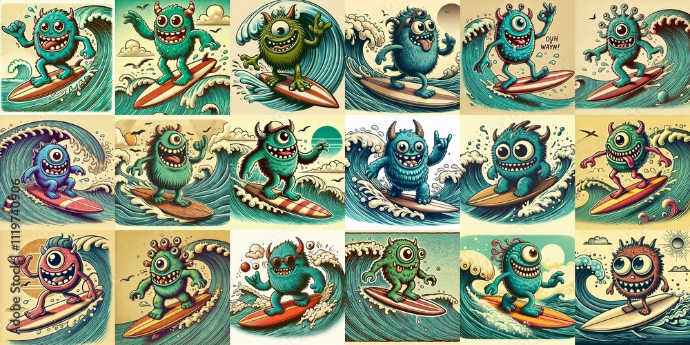 Cartoon style monster surfer. AI generated illustration