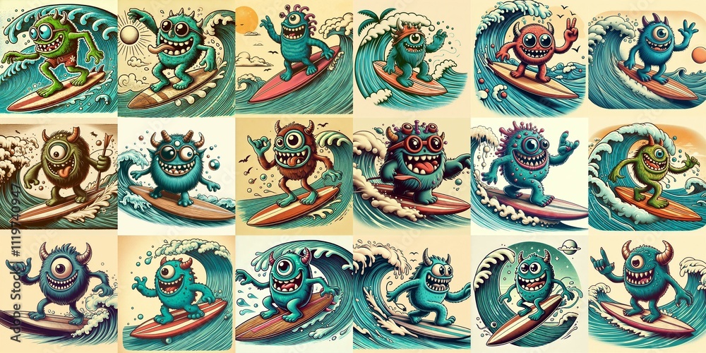 Cartoon style monster surfer. AI generated illustration