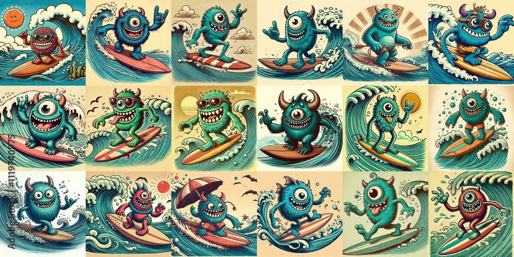 Cartoon style monster surfer. AI generated illustration