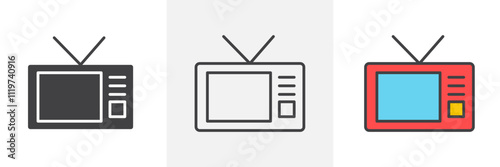 Television icon collection in black and colored style.
