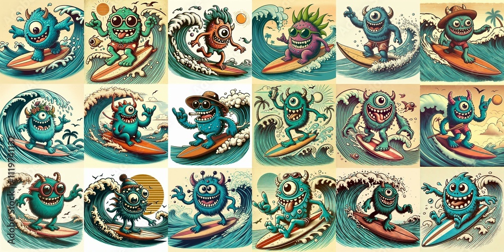 Cartoon style monster surfer. AI generated illustration
