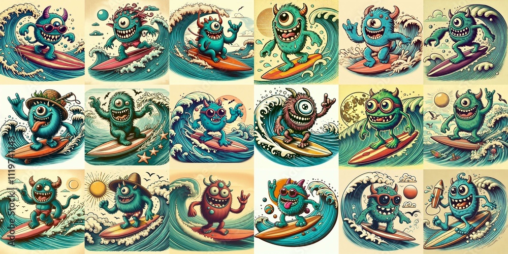 Cartoon style monster surfer. AI generated illustration
