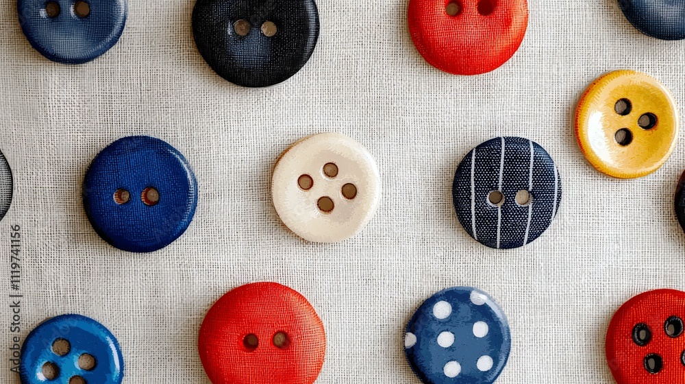 Colorful Variety of Sewing Buttons on Fabric Background for Craft Projects and Textile Design Inspirations Colorful Variety of Sewing Buttons on Fabric Background for Craft Projects and Textile Design Inspirations